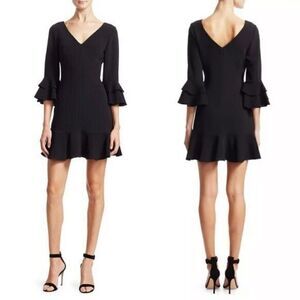 Cinq A Sept Dominique Mini Black Dress Ruffle V Neck Size 6